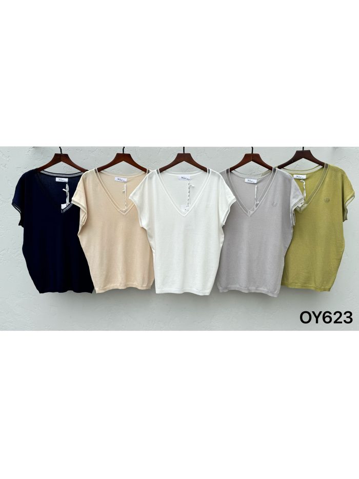 Jersey fino cuello pico con ribete a contraste