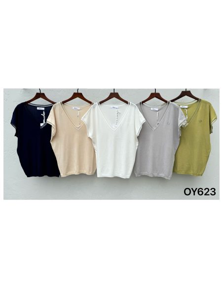 Jersey fino cuello pico con ribete a contraste