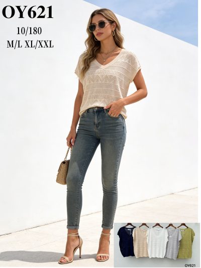 Jersey calado de punto fino con cuello pico 2