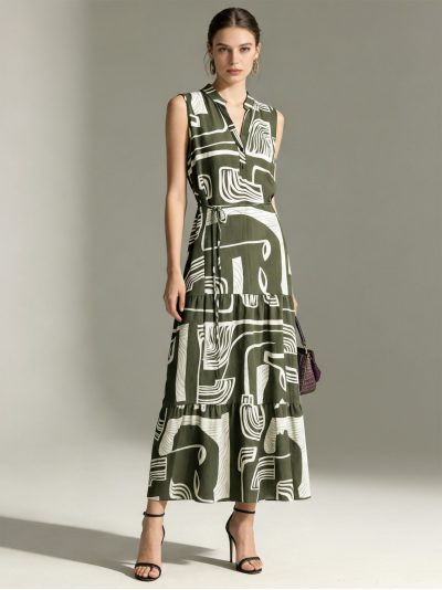 Vestido largo sin mangas estampado geométrico con cinturón