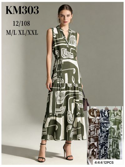 Vestido largo sin mangas estampado geométrico con cinturón 2