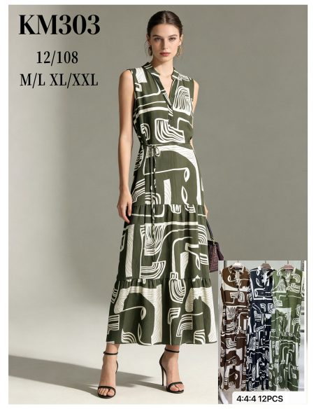 Vestido largo sin mangas estampado geométrico con cinturón