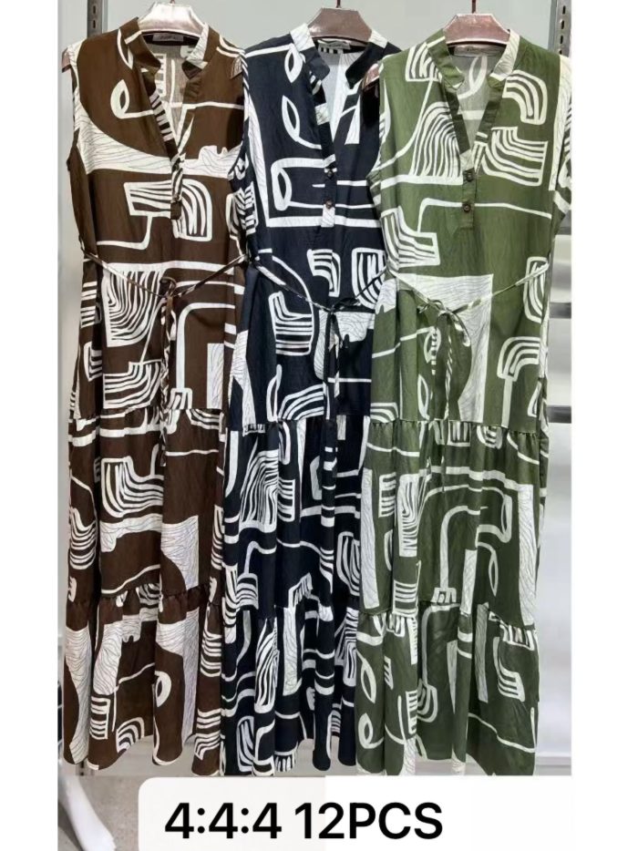 Vestido largo sin mangas estampado geométrico con cinturón