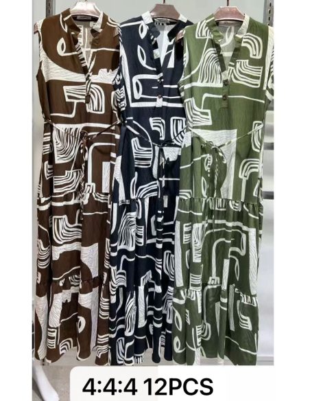 Vestido largo sin mangas estampado geométrico con cinturón