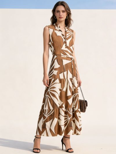 Vestido largo sin mangas estampado de hojas con cinturón