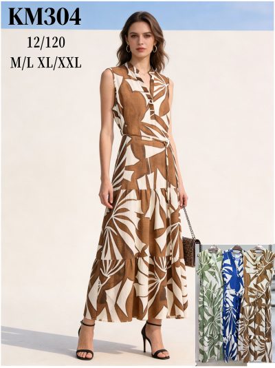 Vestido largo sin mangas estampado de hojas con cinturón 2