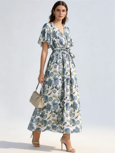 Vestido largo estampado floral cruzado con manga volante