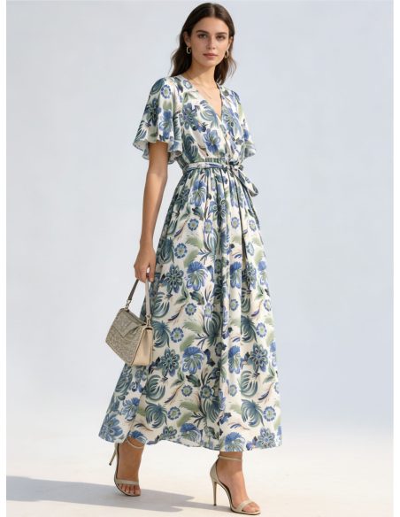Vestido largo estampado floral cruzado con manga volante