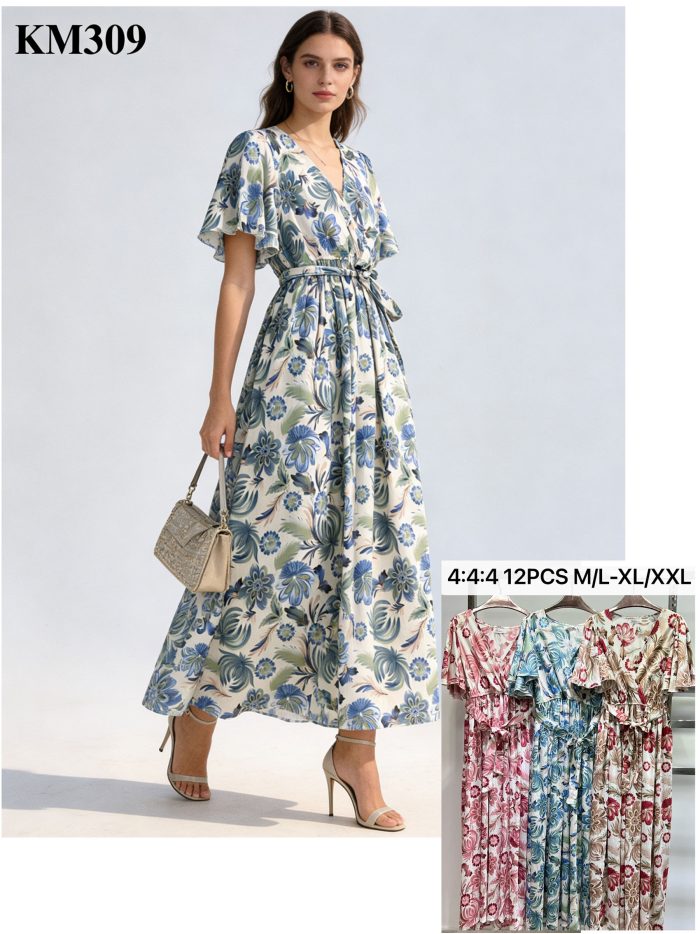 Vestido largo estampado floral cruzado con manga volante