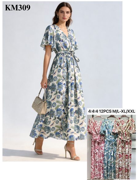 Vestido largo estampado floral cruzado con manga volante