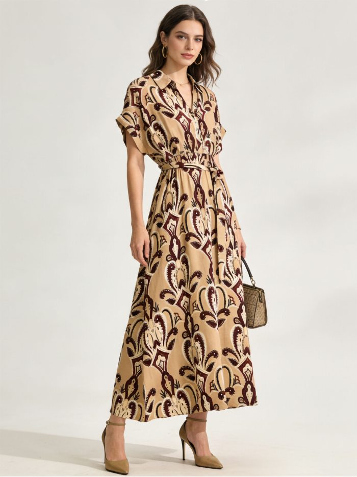 Vestido largo camisero estampado paisley con cinturón