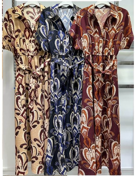 Vestido largo camisero estampado paisley con cinturón