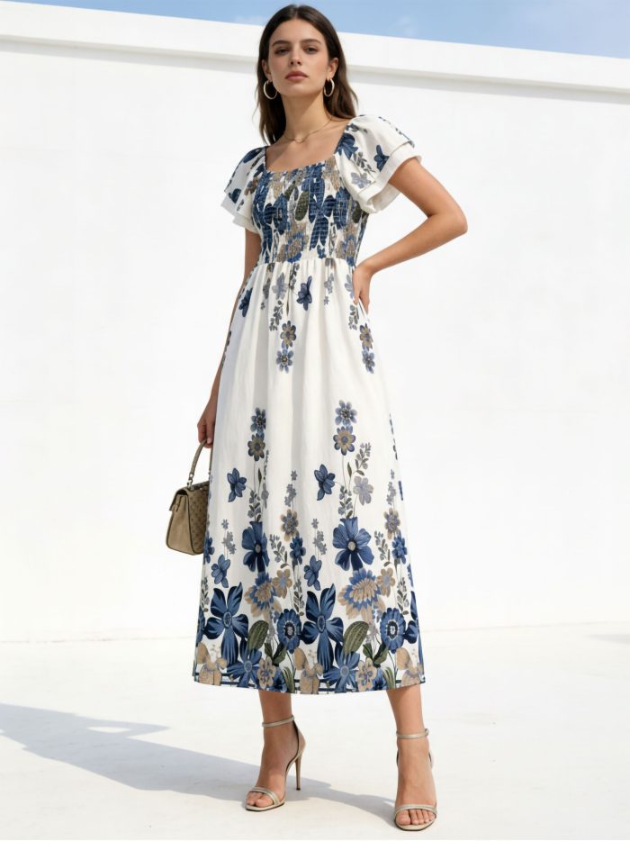 Vestido largo floral con cuerpo fruncido y mangas volante