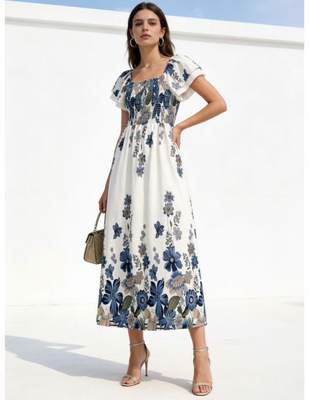 Vestido largo floral con cuerpo fruncido y mangas volante