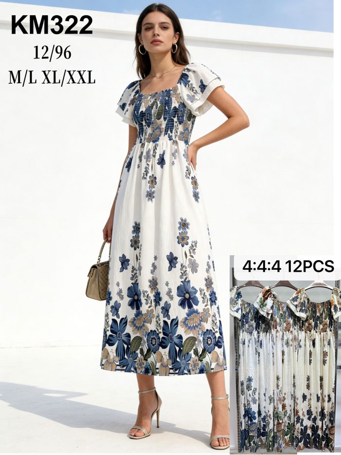 Vestido largo floral con cuerpo fruncido y mangas volante