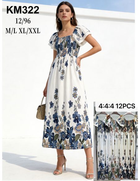 Vestido largo floral con cuerpo fruncido y mangas volante