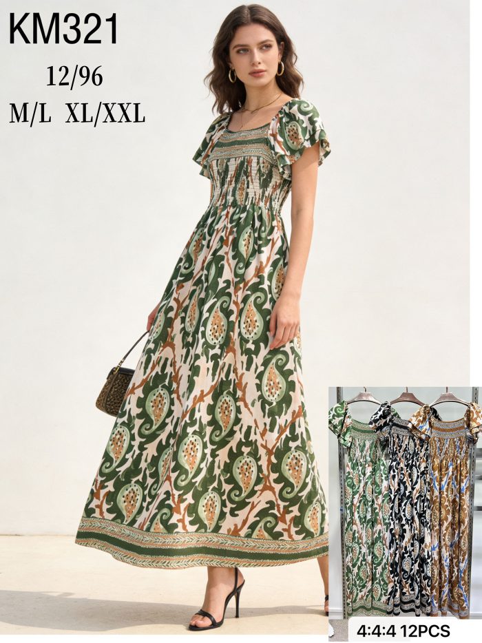 Vestido largo boho estampado con cuerpo fruncido y mangas volante