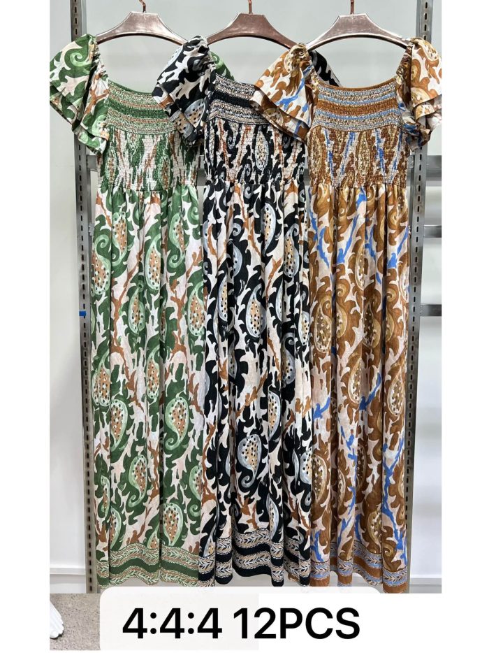 Vestido largo boho estampado con cuerpo fruncido y mangas volante