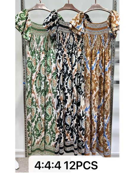 Vestido largo boho estampado con cuerpo fruncido y mangas volante