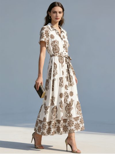 Belted ornate print maxi shirt dress