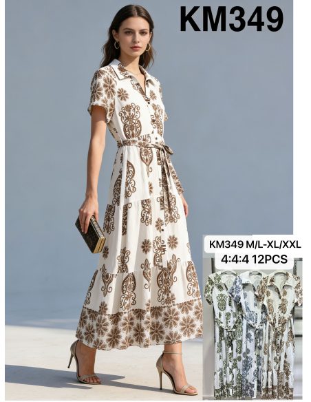 Abito lungo con stampa ornamentale e cintura