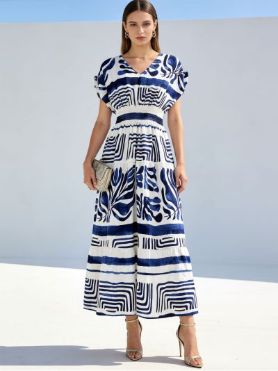 Robe longue imprimée à taille froncée