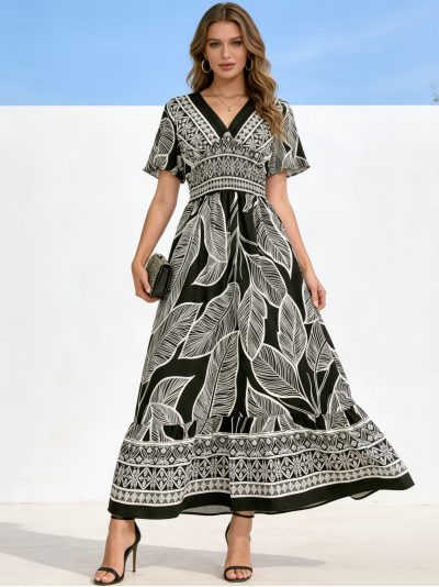 Vestido largo estampado de hojas con cintura fruncida