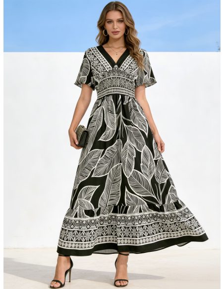 Vestido largo estampado de hojas con cintura fruncida