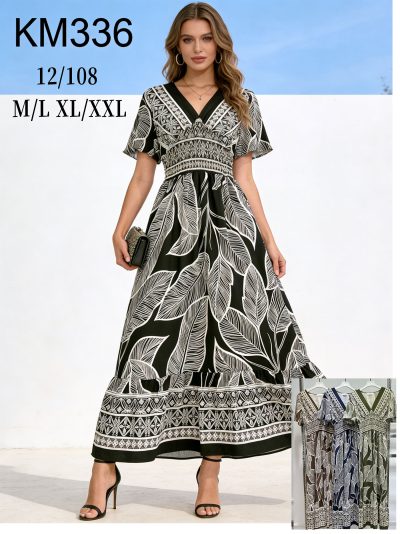 Vestido largo estampado de hojas con cintura fruncida 2