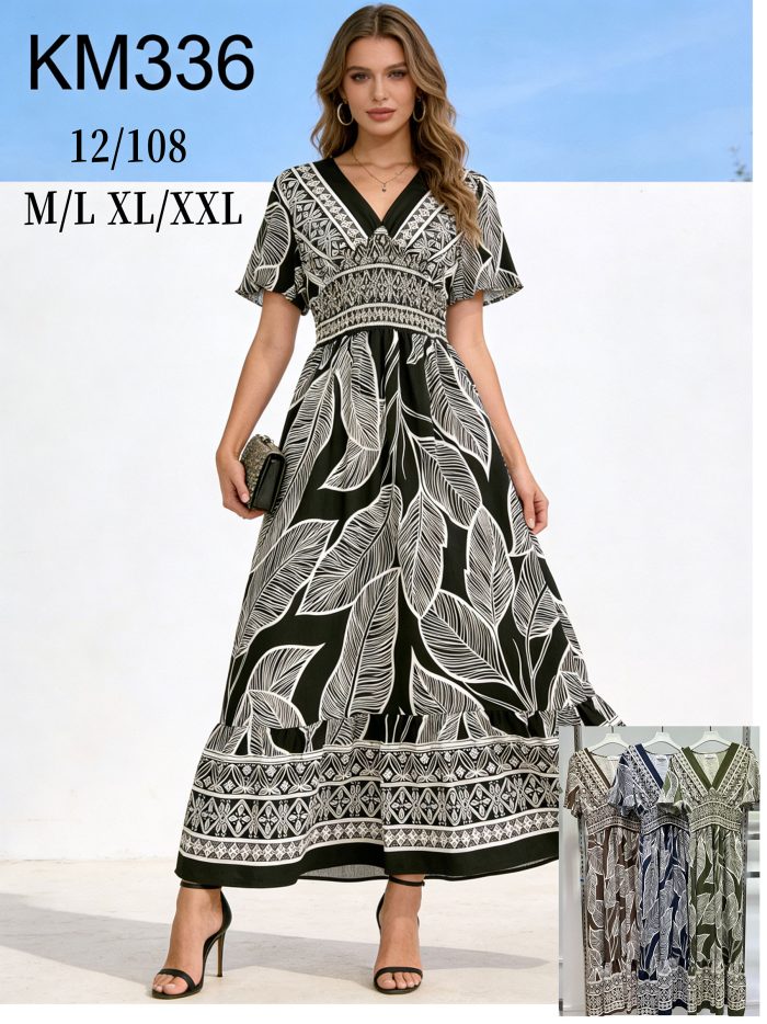 Vestido largo estampado de hojas con cintura fruncida