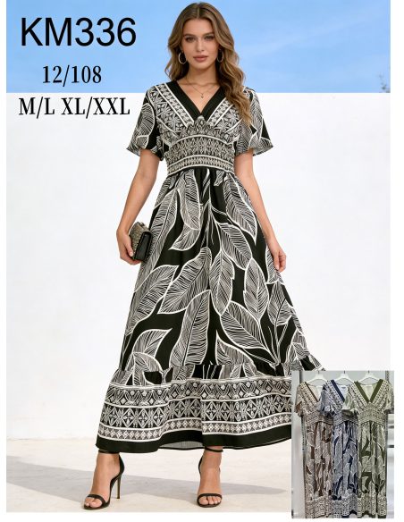 Vestido largo estampado de hojas con cintura fruncida