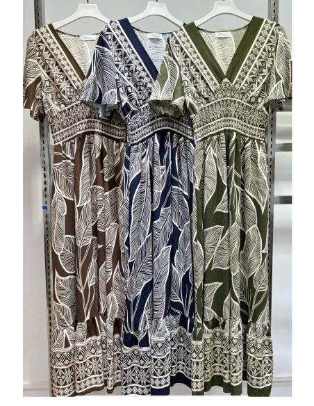 Vestido largo estampado de hojas con cintura fruncida