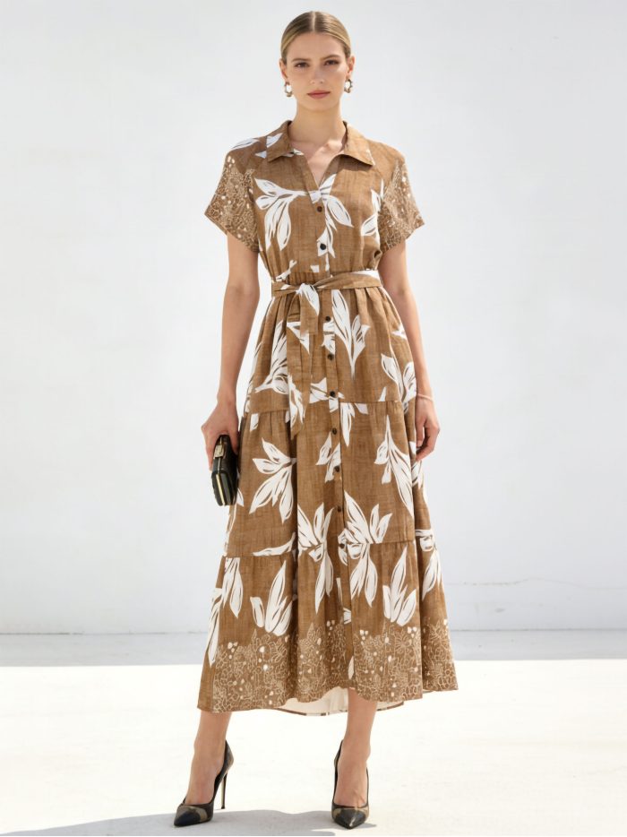 Vestido largo camisero estampado de hojas con cinturón