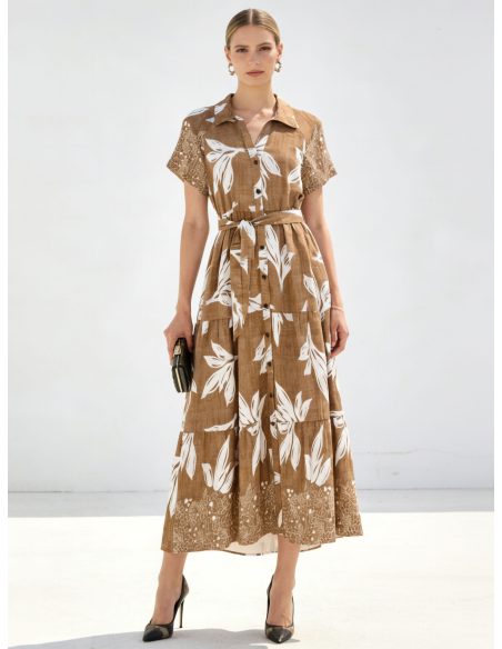 Vestido largo camisero estampado de hojas con cinturón