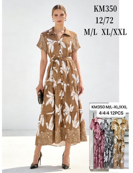 Vestido largo camisero estampado de hojas con cinturón