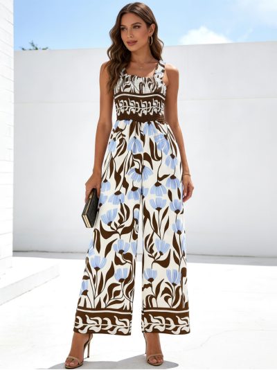 Mono palazzo estampado con tirantes y cuerpo fruncido