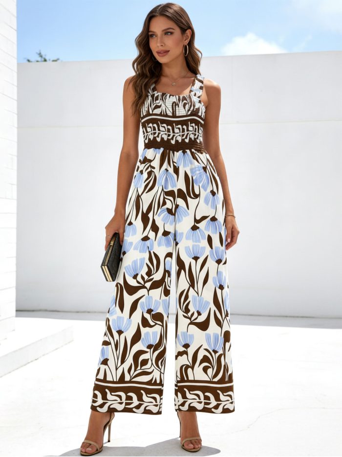 Mono palazzo estampado con tirantes y cuerpo fruncido