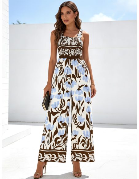 Mono palazzo estampado con tirantes y cuerpo fruncido