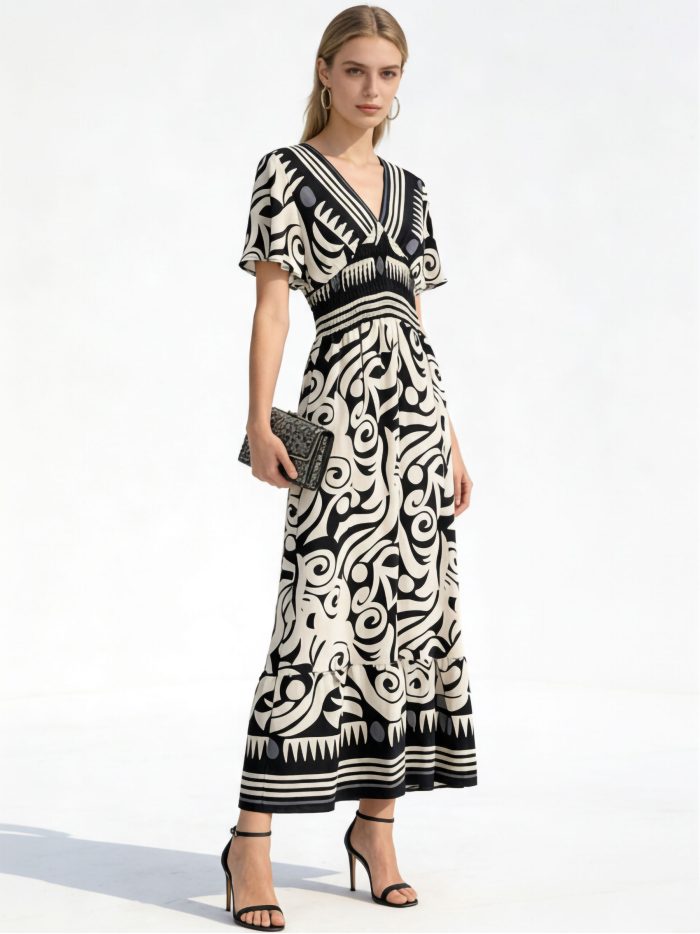 Vestido largo estampado abstracto con escote pico y cintura fruncida