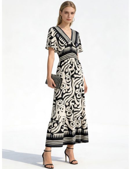 Vestido largo estampado abstracto con escote pico y cintura fruncida