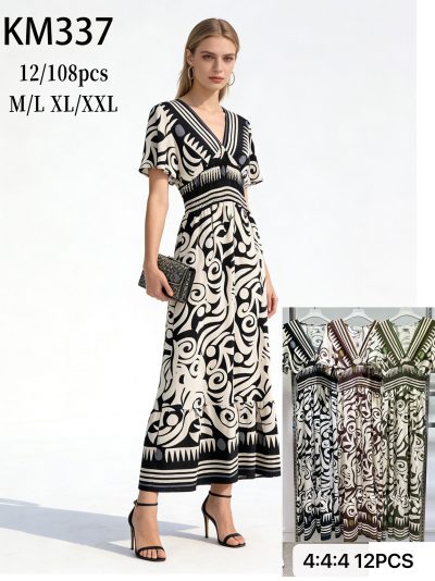 Vestido largo estampado abstracto con escote pico y cintura fruncida 2