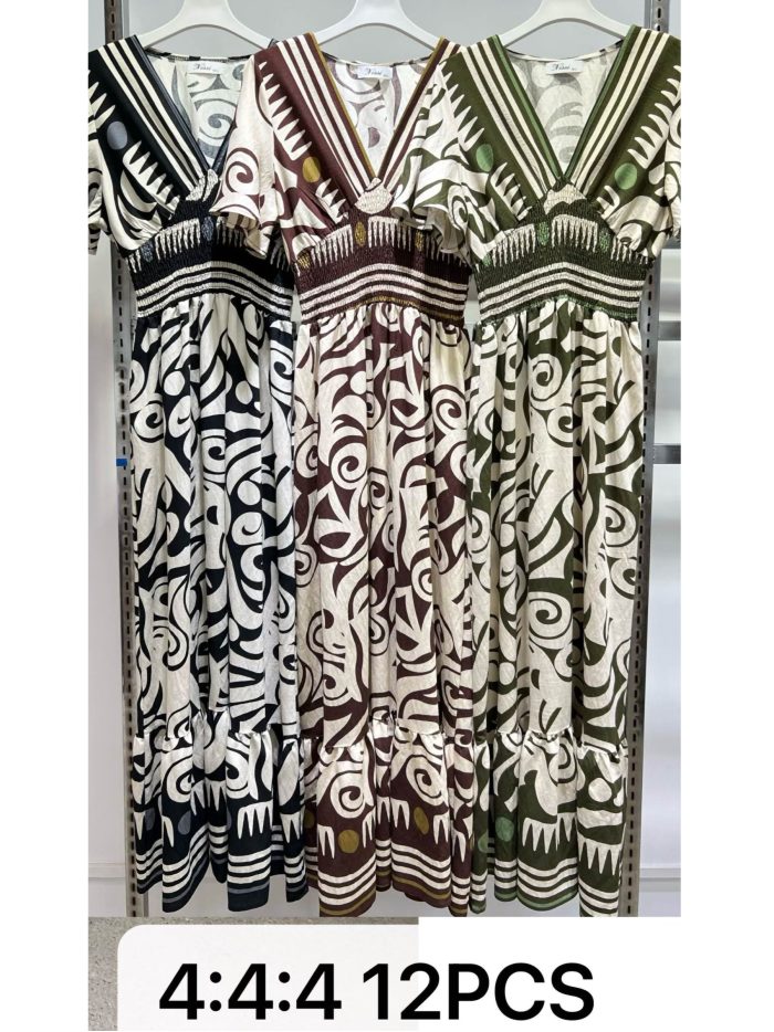 Vestido largo estampado abstracto con escote pico y cintura fruncida