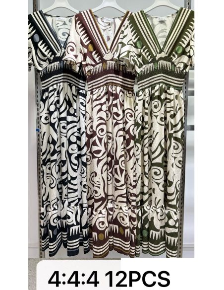 Vestido largo estampado abstracto con escote pico y cintura fruncida