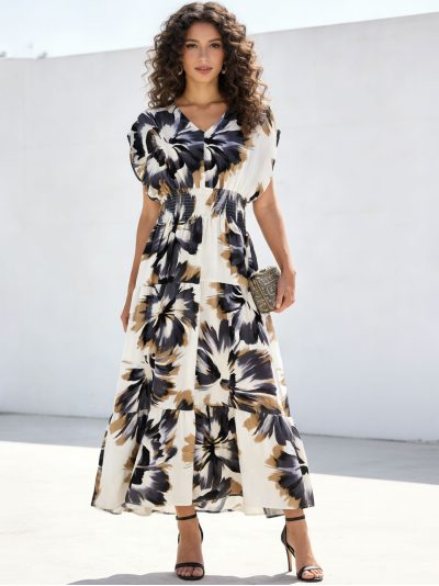 Vestido largo estampado acuarela con cintura fruncida