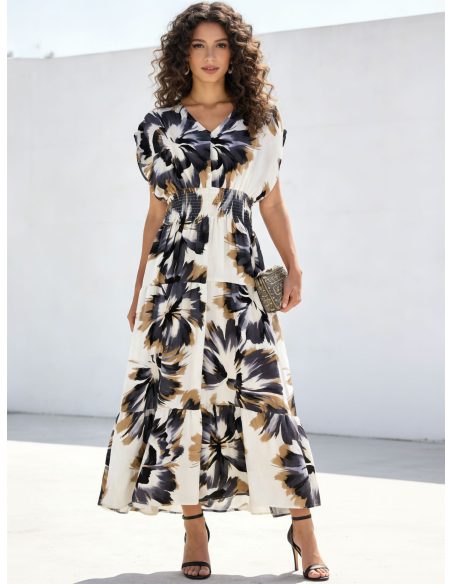 Abito lungo con stampa acquerello e vita arricciata