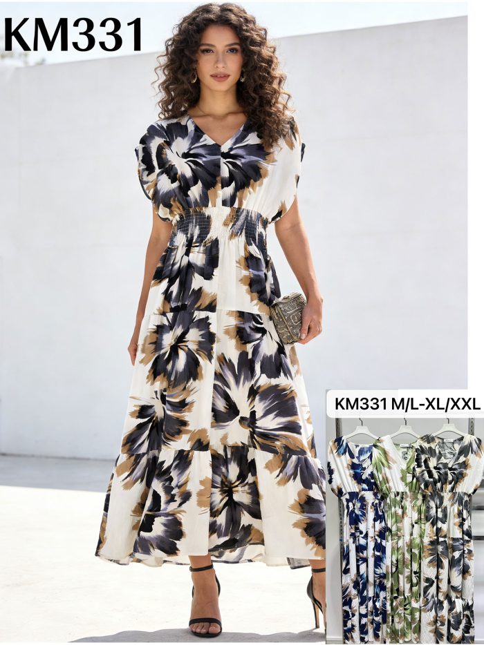 Abito lungo con stampa acquerello e vita arricciata