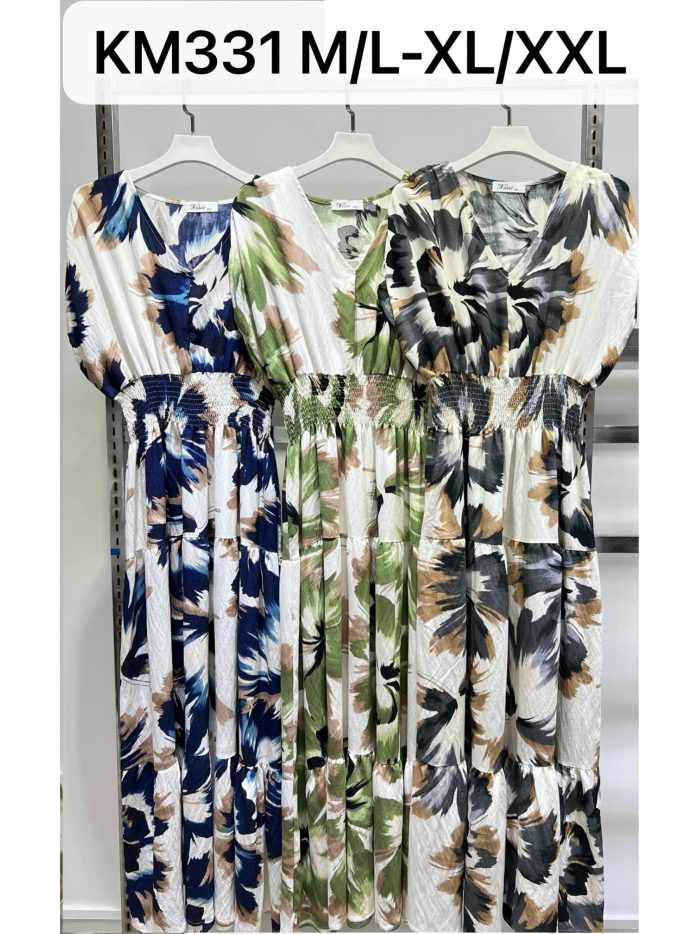 Abito lungo con stampa acquerello e vita arricciata