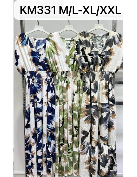 Abito lungo con stampa acquerello e vita arricciata