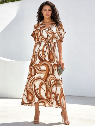 Vestido largo camisero estampado swirl con cinturón