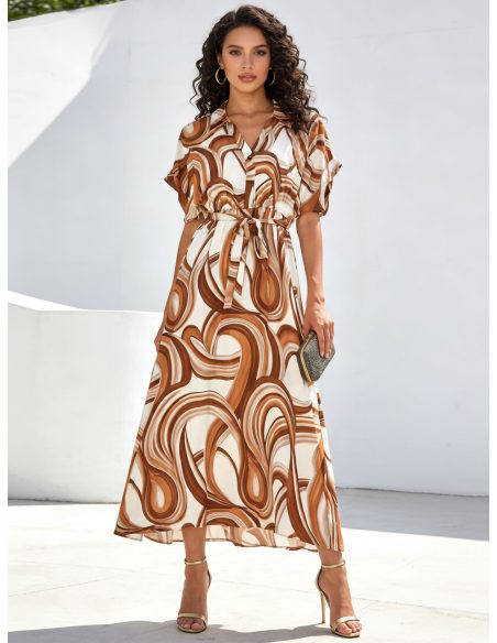 Vestido largo camisero estampado swirl con cinturón